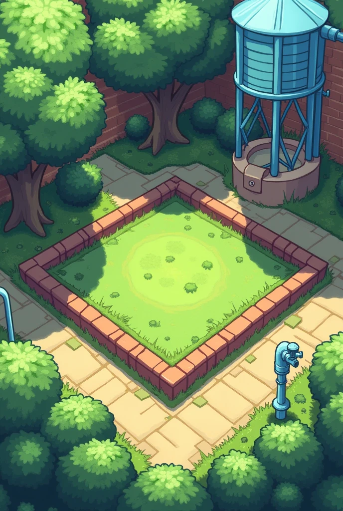 Zone rectangulaire qui sera le jardin, situé dans un coin de la court. Tout autour des buissons qui encadre avec un ou deux arbres. Un chateau deau bleu au coin de la zone à droite en haut et un robinet à droite en bas. Les arbres doit permettre d'avoir de l'ombre et des transates en bas pour s'assoir ou pouvoir faire des picnics. Il y a du gazon par terre.