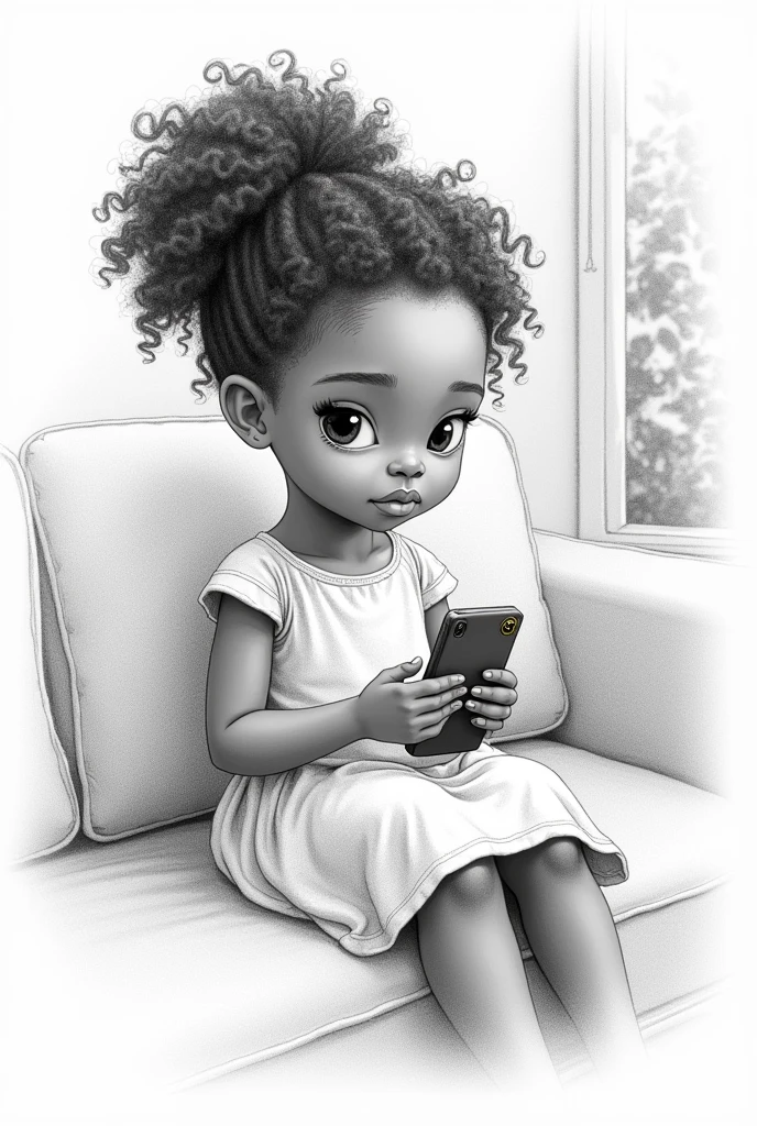 Creates the image of a 7-year-old black girl from Maria Chiquinha sitting in the living room holding the phone in her hand drawn in pencil in black and white 