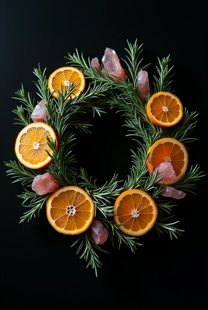 Make me a picture of 120 cm x 120 cm on a black background there is a crown of rosemary with slices of candied oranges, and between spaces rose quartz