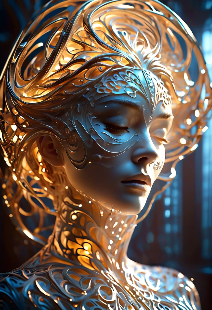 epic cinematic shot of dynamic Midjourney, MJ, Midjourney style, realism, cinematic quality, play of light, gradient, glow, stunning An intricate sculpture with patterns that seem to float and rotate around a central female face with closed eyes. Predominantly white or light color to highlight the finely executed details. Create a dynamic effect with patterns that give the impression of movement in motion. main subject of high budget action movie. raw photo, motion blur. best quality, high resolution