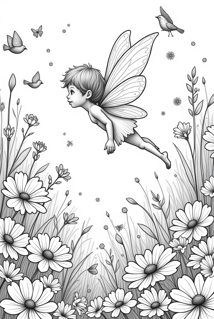 A fairy flying among blooming flowers, with tiny birds and insects nearby.create a colouring page for kids no colour image black and white with thick lines not shaded