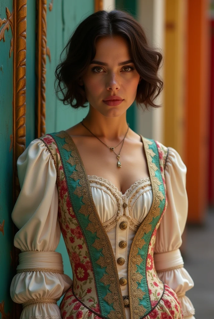 Beautiful latina woman perfect body short brunette hair, dressed in elegant victorian era 19th century American colorful conservative formal studio lighting, beautiful outdoor background