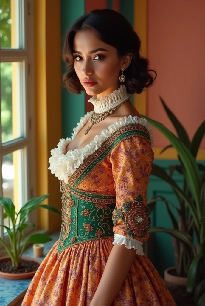 Beautiful latina woman perfect body short brunette hair, dressed in elegant victorian era 19th century American colorful conservative formal studio lighting, beautiful outdoor background