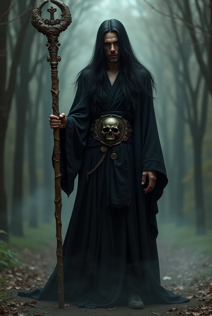 A human necromancer with black hair, long black clothes with a skull belt, completely black eyes and a wooden staff like a wizard&#39;s Full body image Face appearing 