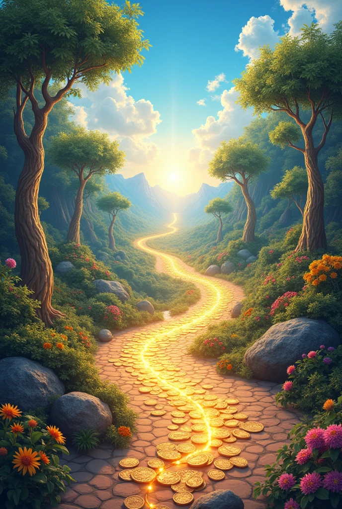 Create a vibrant, inspiring image that represents prosperity. In the center is a detailed prosperity map, with illuminated pathways leading to different areas of success: wealth, health, relationships, and personal growth. Add elements such as fruit trees, shiny coins, colorful flowers, and sunshine, symbolizing abundance and happiness. The background should be a clear blue sky, conveying a sense of hope and unlimited potential