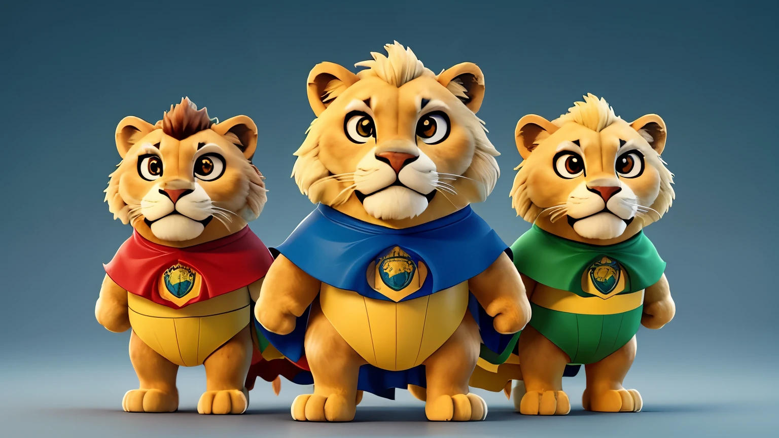Create an image of a majestic lion dressed as a superhero representing the Brazilian Federal Revenue Service ('Receita Federal'). The lion should have a powerful and noble appearance, standing confidently on a raised platform. The lion wears a sleek superhero cape in the colors of the Brazilian flag (green, yellow, blue, and white), with the logo of the Receita Federal prominently displayed on its chest.