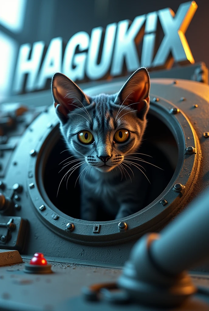 A cat peeking out of a tank turret,3D Characters,The background features large Hagukix lettering