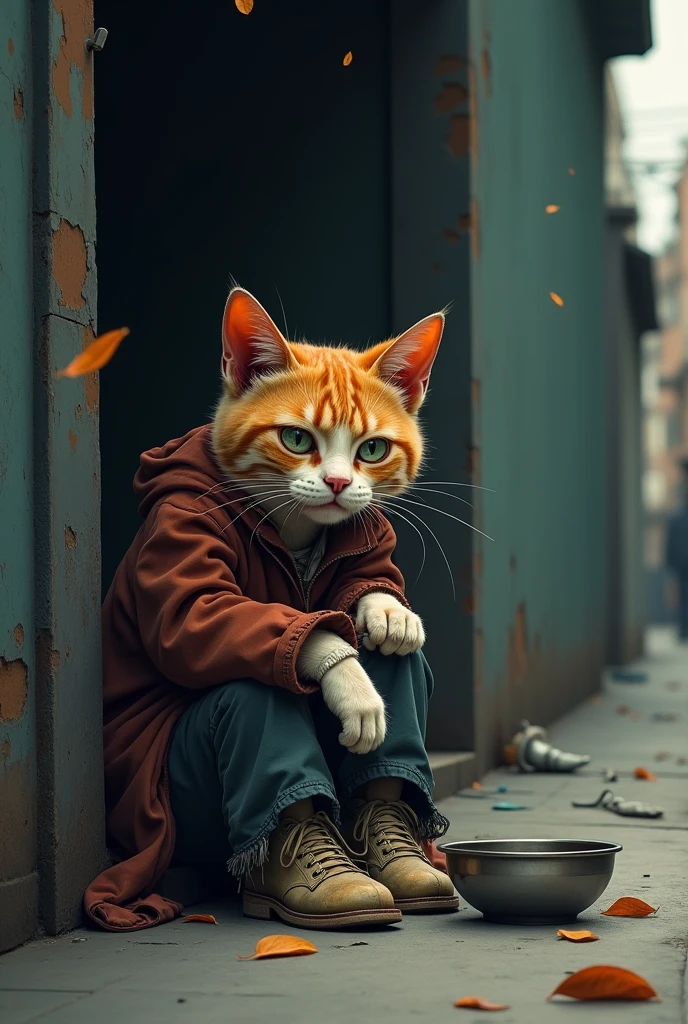 The cat slumps in a dark corner of the street, its clothes completely in shreds, and its shoes split open. The broken bowl beside it is empty, and its paws hang limply. The background is a deserted street, with a few leaves blowing in the wind. The cat's eyes are hollow, as if all hope is lost.