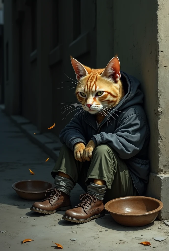 The cat slumps in a dark corner of the street, its clothes completely in shreds, and its shoes split open. The broken bowl beside it is empty, and its paws hang limply. The background is a deserted street, with a few leaves blowing in the wind. The cat's eyes are hollow, as if all hope is lost.