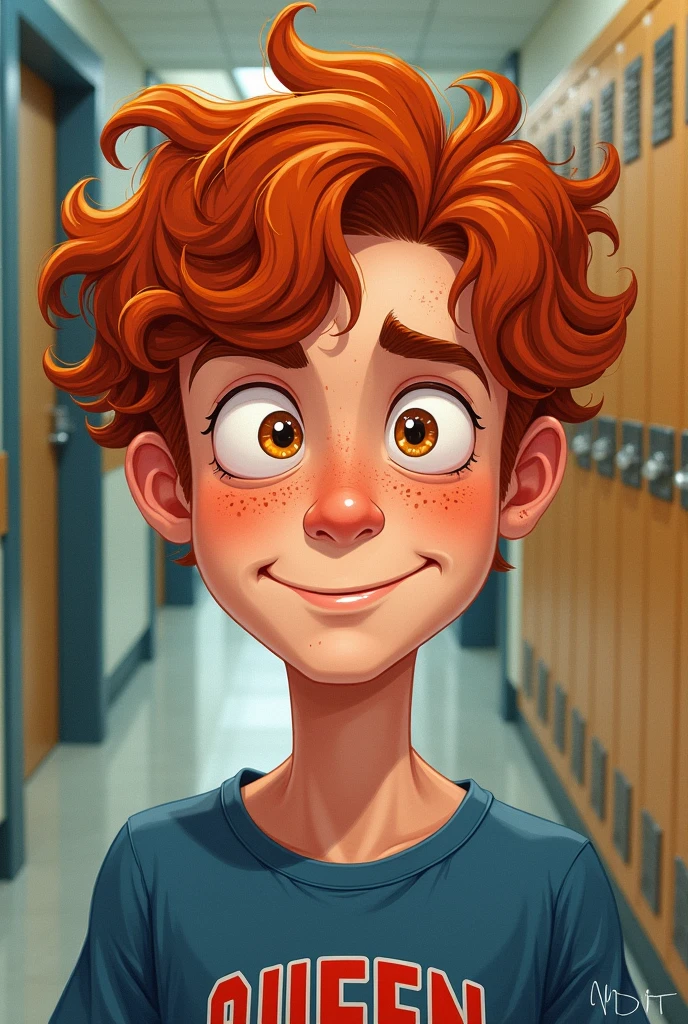 A 2D drawing of a young man with American features from the waist up, in the hallway of an American school filled with lockers. Rebellious curly red hair all over, Above the eyes. Light honey-colored eyes and shorter light lashes, Curvilinear, straight eyebrow. A sweet smile on his face, has prominent cheeks and freckles under his eyes and nose. Small chubby nose, Round face, very white skin. fleshy lips. athletic body. He wears a Queen band t-shirt. Similar to Kit connor.