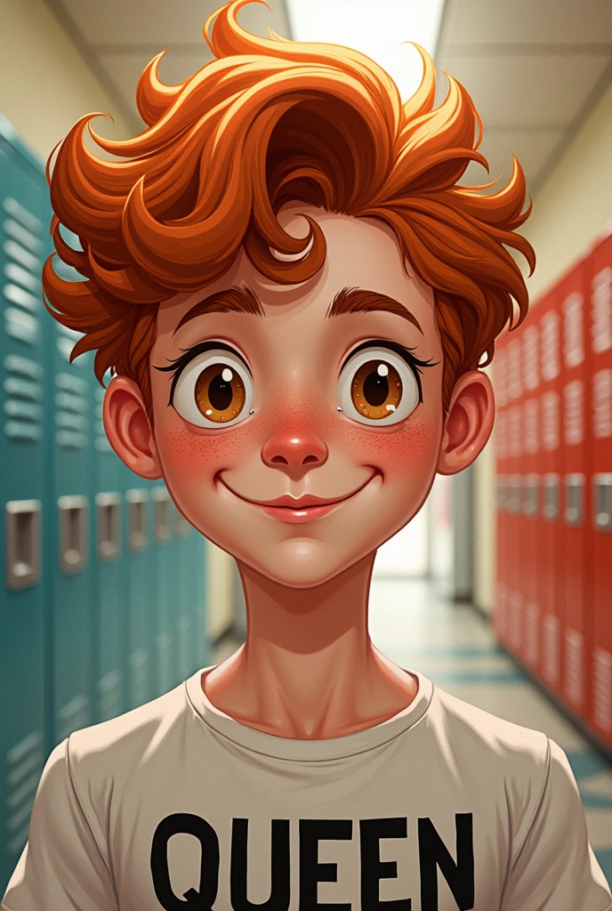 A 2D drawing of a young man with American features from the waist up, in the hallway of an American school filled with lockers. Rebellious curly red hair all over, Above the eyes. Light honey-colored eyes and shorter light lashes, Curvilinear, straight eyebrow. A sweet smile on his face, has prominent cheeks and freckles under his eyes and nose. Small chubby nose, Round face, very white skin. fleshy lips. athletic body. He wears a Queen band t-shirt. Similar to Kit connor.
