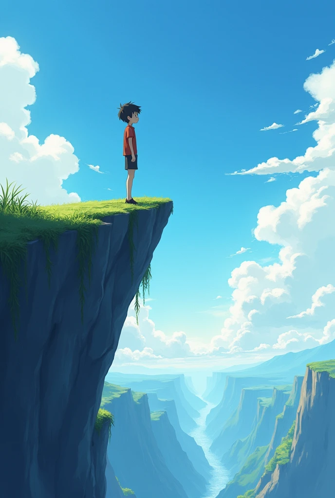Standing on a high cliff that reaches the sky,
A boy, both heart-wrenching and endearing.、anime