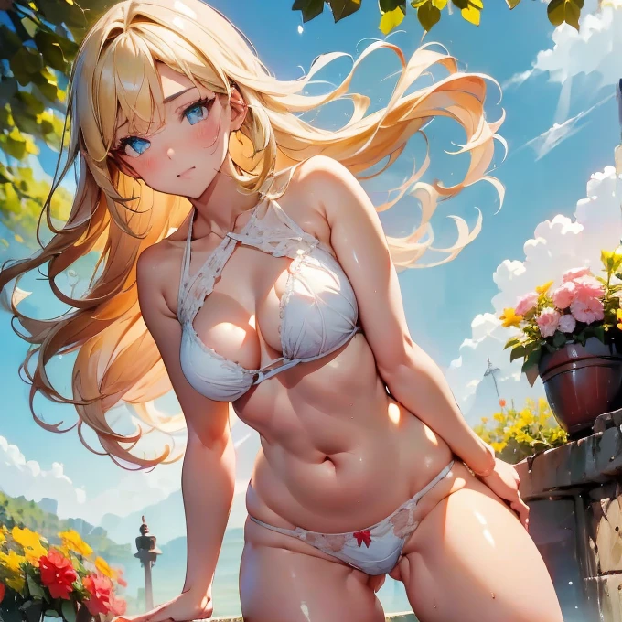 1girl, 独奏, ass pov, masterpiece, best quality, absurdres, long hair, (shiny skin: 1.2), close up nether region, sunshine, summer Please draw a stylish girl in costume. Express the relaxed summer vibe with clear skies and gentle waves on the beach in the background, She is wearing a floral lace underwear, Bend forward and put your hands on your hips, sunburn, show off underwear,Realistic Flesh,Glamorous Body,Saggy breasts,Plump thighs,Dynamic Angle,Defined man muscles,slouch,forward leaning posture,Peeping,