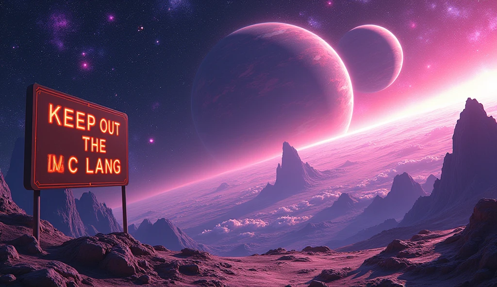 view of a planet in deep space, with stars of different colors, and 2 big planets with rings and moons in the back. the space has some bright colors, purple and pink. on the planet there is a large space station and a brown-orange sign outside it. that writes with a red font "KEEP OUT THE C LANG", anime style, anime art
