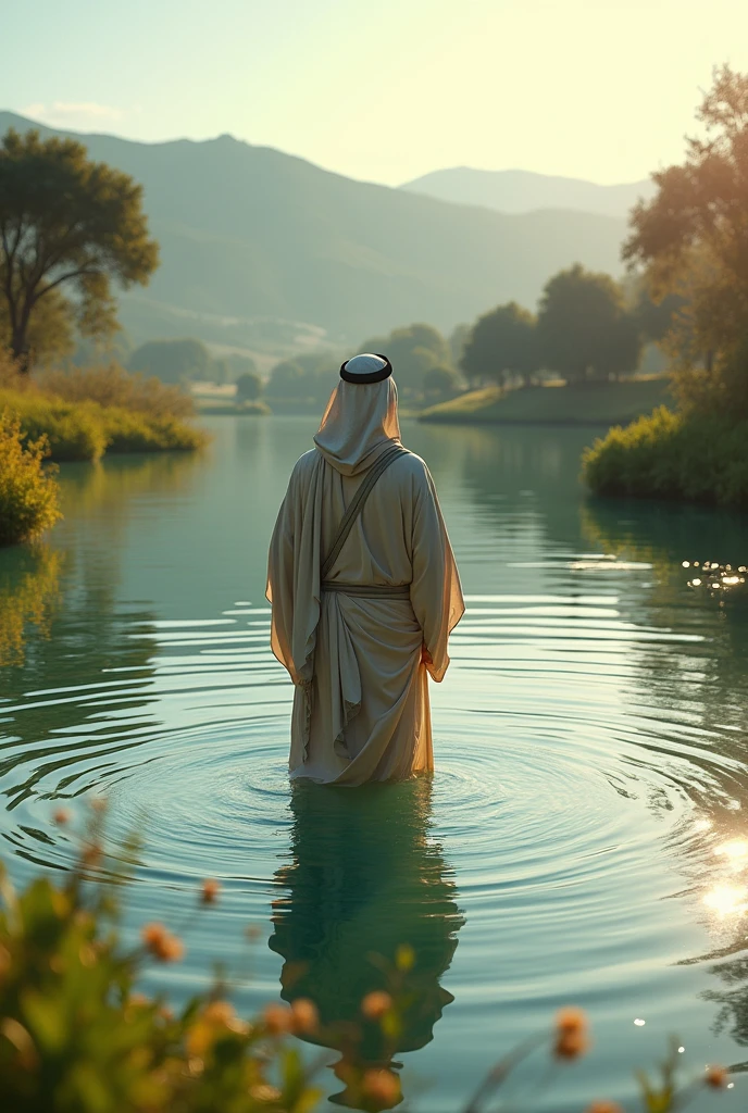 A very beautiful lake with a man dressed in Israeli clothes entering with his back to the water, but the water reaches only his knees.