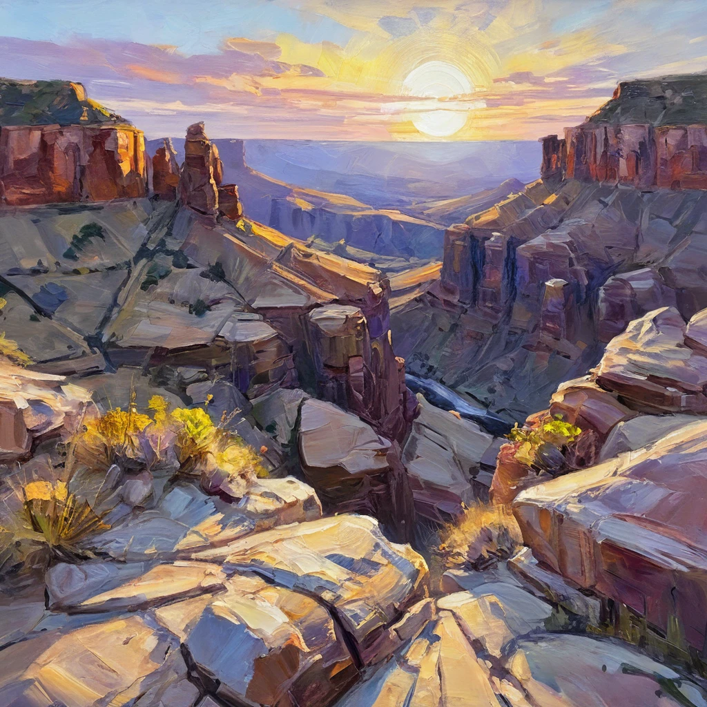 A cinematic oil painting of a wild canyon, with sharp details capturing the rugged rock formations and the vibrant colors of the setting sun lighting up the landscape.