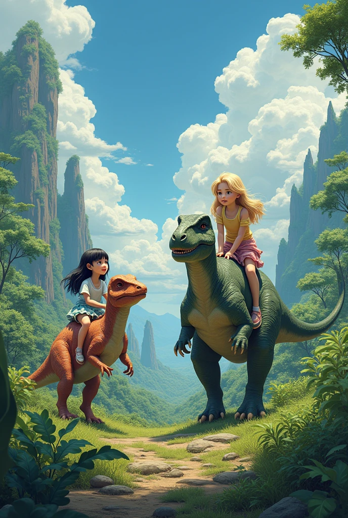 create an image representing the Earth's relief during the Jurassic period (ferns, gymnosperms, vast forests and gymnosperms) and place three dinosaurs with a girl with straight black hair sitting on top of one, a girl with straight blonde hair on top of another, a girl with curly blonde hair on top of another. no mountains