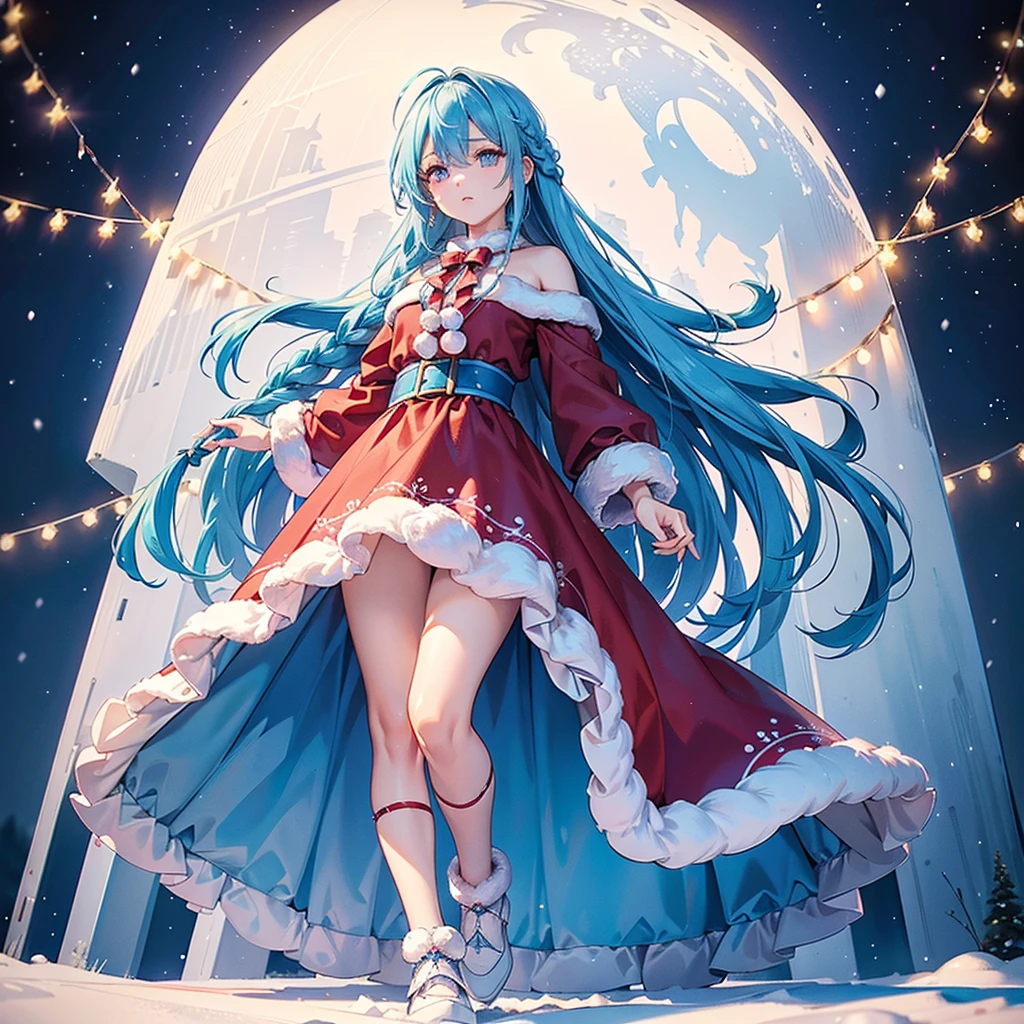 (Sky Blue Hair),((Braided Hair:1.2)),(Pink Eyes),(Fair Skin),(Full Body),(Alone),(Santa Claus Clothes),(Giant Christmas Tree in the Background),(Snowy Night),Sparkling Night Sky,snowman,gift box,(Masterpiece, Top Quality, Very Detailed, Best Shadows),(Detailed Background),(Beautifully Detailed Face),High Contrast,(Best Lighting, Very Delicate and Beautiful),((Cinematic Light)),Hyper Detail,8k,Dramatic Light,Exquisite Detail,