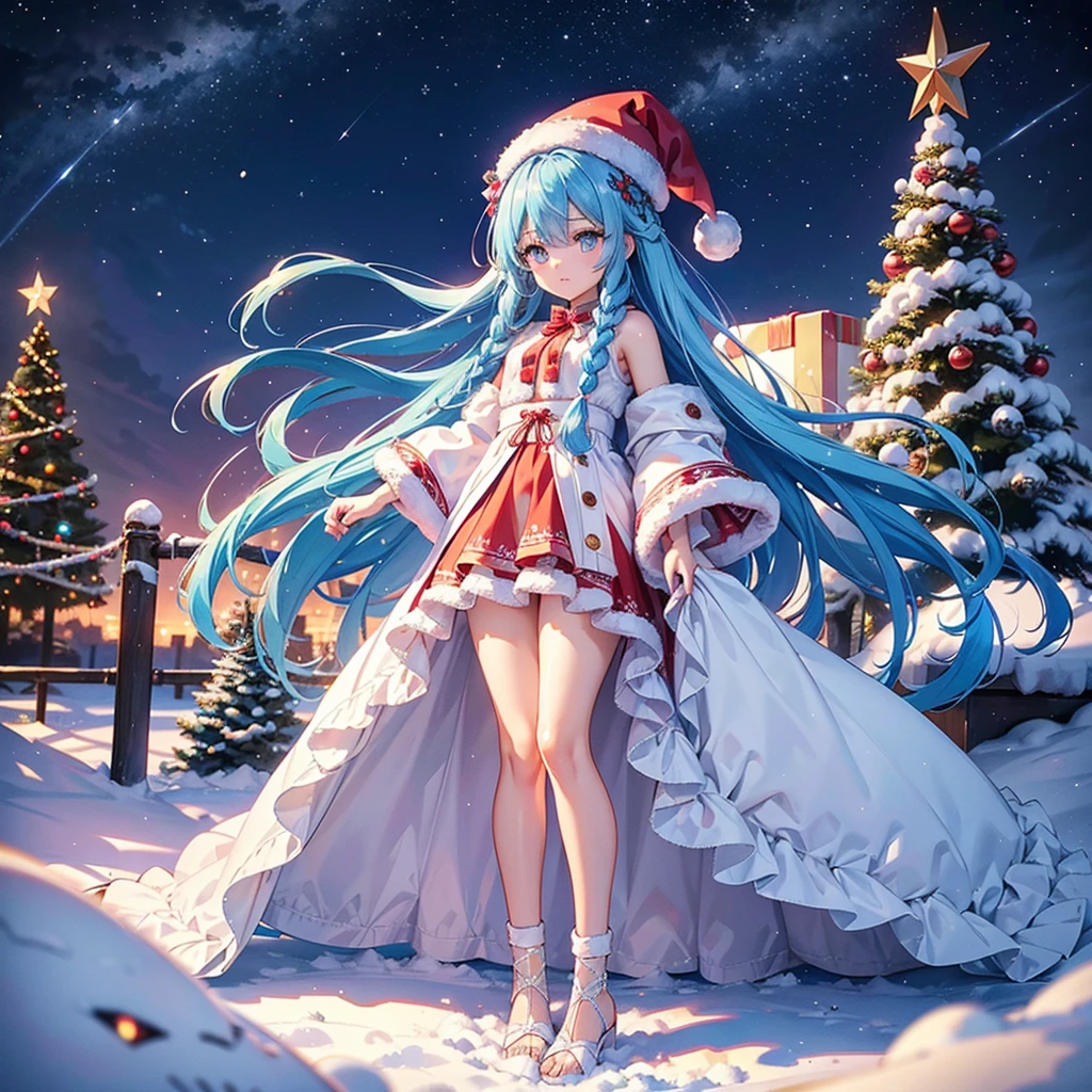 (Sky Blue Hair),((Braided Hair:1.2)),(Pink Eyes),(Fair Skin),(Full Body),(Alone),(Santa Claus Clothes),(Giant Christmas Tree in the Background),(Snowy Night),Sparkling Night Sky,snowman,gift box,(Masterpiece, Top Quality, Very Detailed, Best Shadows),(Detailed Background),(Beautifully Detailed Face),High Contrast,(Best Lighting, Very Delicate and Beautiful),((Cinematic Light)),Hyper Detail,8k,Dramatic Light,Exquisite Detail,