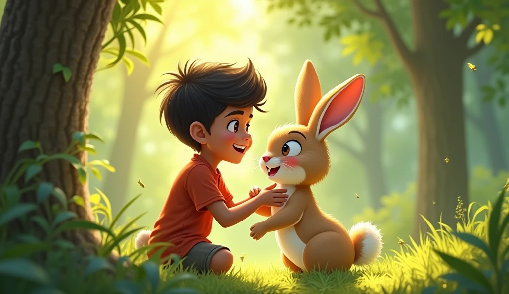 8. **Prompt:** "Arjun continues to visit the forest, occasionally seeing the rabbit, and they play together, but now he understands that real friendship is about valuing others' happiness."
- Visual: Arjun is playing with the rabbit in the forest, both looking joyful. The scene shows the deep bond between them, with a sense of mutual respect and understanding.
