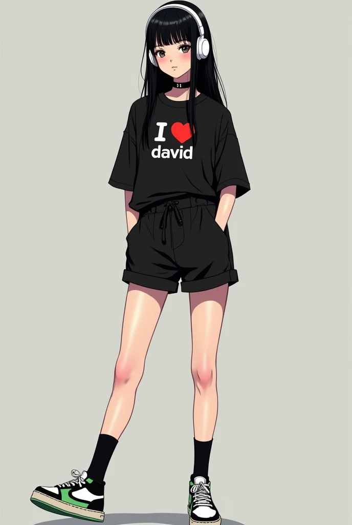 Personaje femenino con cabello negro liso largo audífonos blancos ojos chinos negro piel blanca lentes negros camisa negra que diga I ❤️ david , black and green plush white tennis shoes and black socks and black shorts
