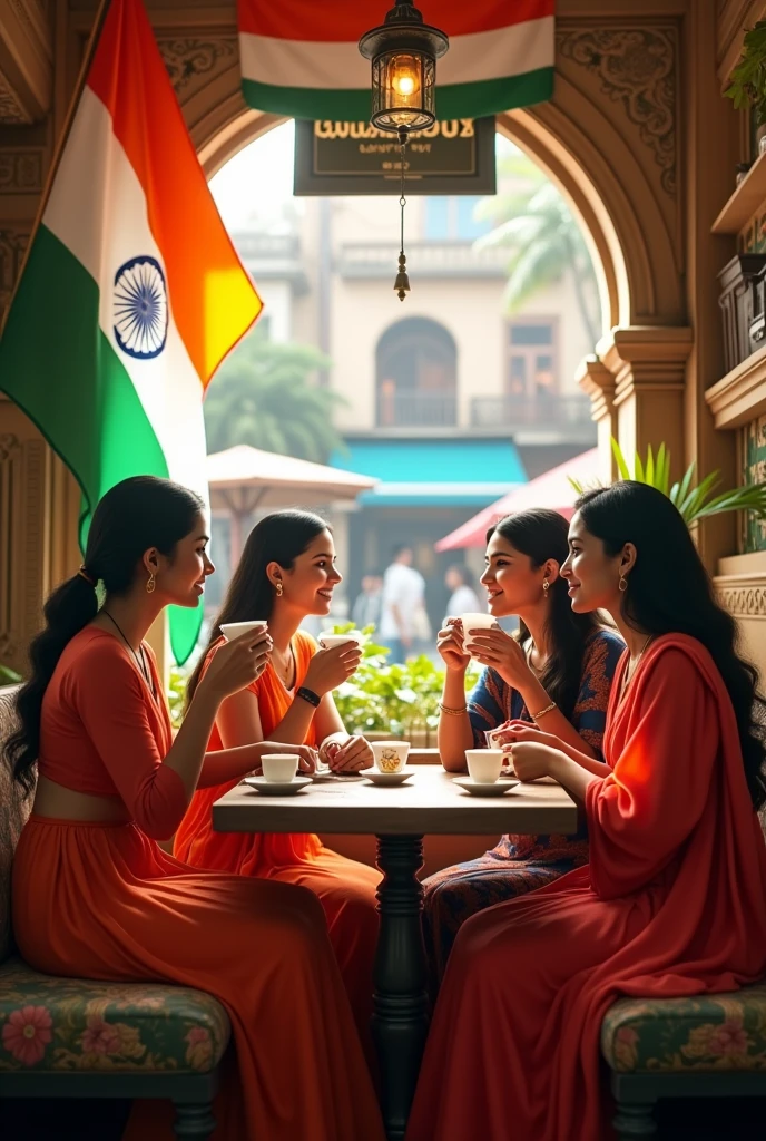 (photorealism:1.2), tea shop, drinking tea, independence day , India flag , beautiful women