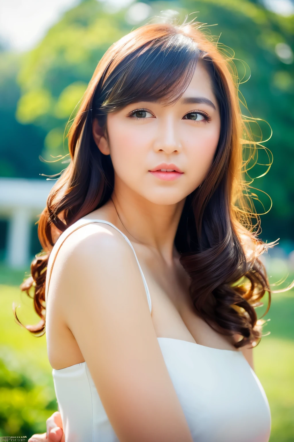 standing, (white summer dress, summer dress), looking at camera, front view, long hair, bangs, (detailed face), at forest, tempting pose, potrait body, mouth closed, black eyes, 1 girl, 20yo,Young female,Beautiful Finger,Beautiful long legs,Beautiful body, Beautiful Nose,Beautiful character design, perfect eyes, perfect face,expressive eyes,perfect balance, (looking at viewer), official art,extremely detailed CG unity 8k wallpaper, perfect lighting,Colorful, Bright_Front_face_Lighting,White skin, (masterpiece:1.0),(best_quality:1.0), ultra high res,4K,ultra-detailed, photography, 8K, HDR, highres, absurdres:1.2, Kodak portra 400, film grain, bokeh:1.2, lens flare, (vibrant_color:1.2),professional photograph, (Beautiful,huge_Breasts:1.4), (beautiful_face:1.5),(narrow_waist)
