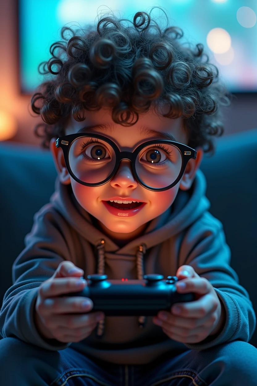 a  with large glasses and very large eyes holding a video game controller and playing, with curly hair, his eyes shining, wearing a t-shirt, 1boy, detailed eyes, detailed face, video game, controller, curly hair, shining eyes, t-shirt, (best quality,4k,8k,highres,masterpiece:1.2),ultra-detailed,(realistic,photorealistic,photo-realistic:1.37),highly detailed,intricate details,hyperrealistic,cinematic lighting,vibrant colors,soft shadows,depth of field