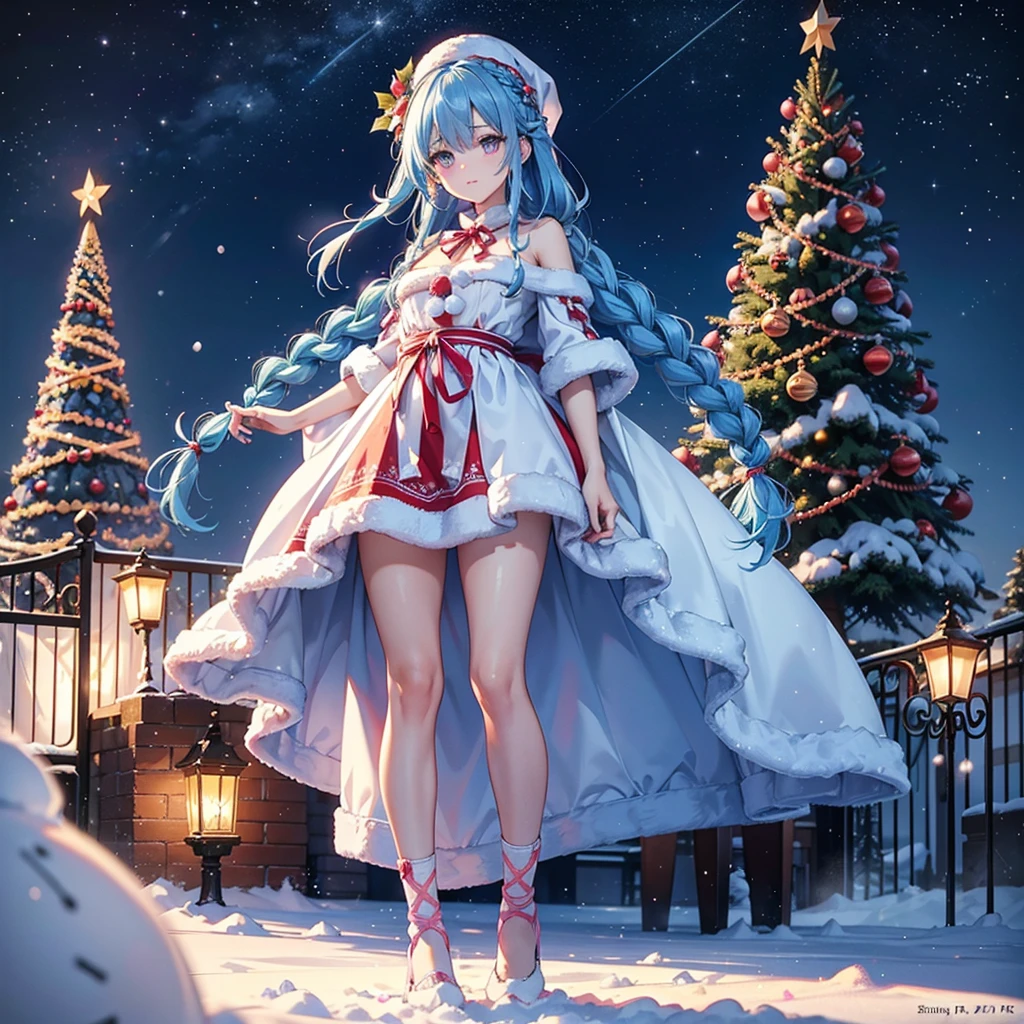 (Sky Blue Hair),((Braided Hair:1.2)),(Pink Eyes),(Fair Skin),(Full Body),(Alone),(Santa Claus Clothes),(Giant Christmas Tree in the Background),(Snowy Night),Sparkling Night Sky,snowman,gift box,(Masterpiece, Top Quality, Very Detailed, Best Shadows),(Detailed Background),(Beautifully Detailed Face),High Contrast,(Best Lighting, Very Delicate and Beautiful),((Cinematic Light)),Hyper Detail,8k,Dramatic Light,Exquisite Detail,