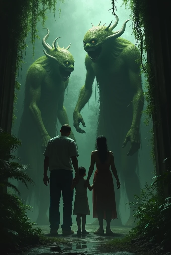 Horror、Two men and women standing in a narrow green passage、Two monsters