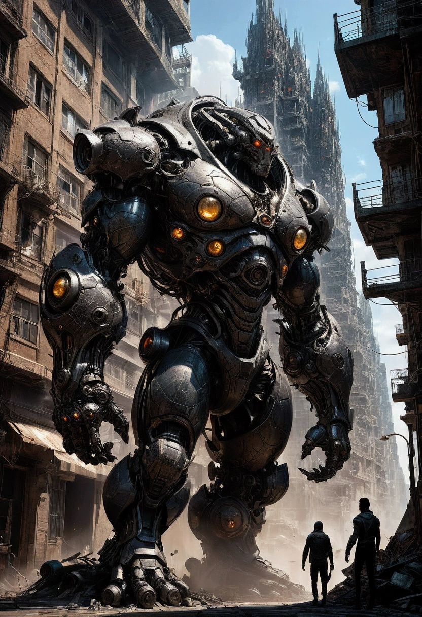 Giant Weapon, The sinister looking giant weapon fires and destroys the whole city; spectacular nontrivial intricate complex thoughtful spooky scary menacing doomy heroic sci-fi cosmic concept art by Marat Zakirov, Gordei Krasnov, Carsten Stueben, Juan Camilo Vallejo, John Picacio, James Suret & Niyas CK, masterpiece, best quality, very aesthetic, absurdres
