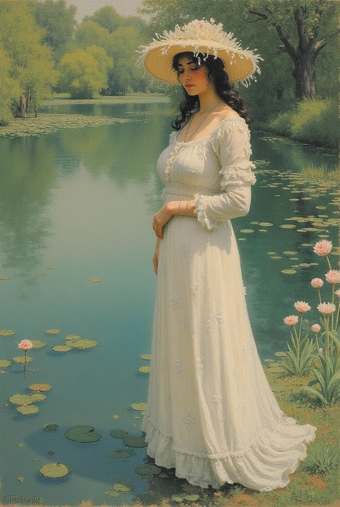 Lawrence Alma-Tadema style, solo one nude female in ancient pool temple bath ritual, beautiful perfect curvy wet awesome body, absolutly nude, breasts big huge, nipples big hard, pubis hairy, bright colors, fullbody, bright sunlight rays, with plants, face european caucasian sweet cute perfect, super detailed, masterpiece, hq, 16k, high detalisation, sexual seductive pose, back view, correct anatomy, long legs straight correct, long brown hairs, small feet, ankle jewelry braslet, eyes blue, waist slim, belly fit, happy