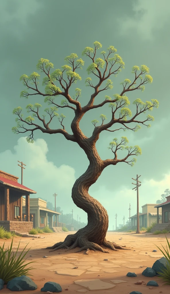 A small, frail tree standing alone in a barren area of a small town. The tree has sparse leaves, and its surroundings are dry with very little sunlight filtering through the clouds. Anim style