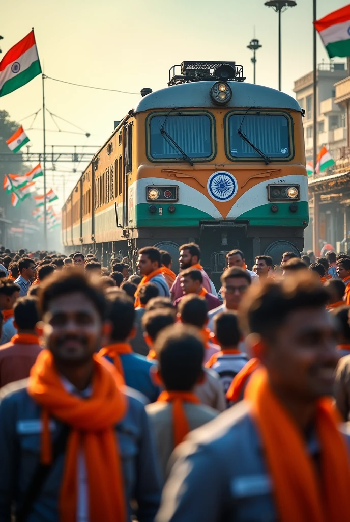 Generate a photo about independence day of india mention the ZRTI UDAIPUR in the photo and also i am from railway department so please add vande Bharat or any Indian train in the photo.