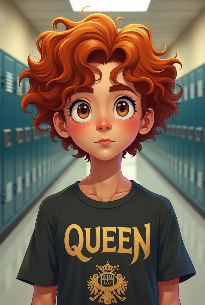 A 2D drawing with more realistic features of a young person with American features from the waist up, in the hallway of an American school filled with lockers. Rebellious curly red hair all over, Above the eyes. Light honey-colored eyes and shorter light lashes, Curvilinear, straight eyebrow. A sweet smile on his face, has prominent cheeks and freckles under his eyes and nose. Small chubby nose, Round face, very white skin. fleshy lips. athletic body. He wears a Queen band t-shirt. Similar to Kit connor.