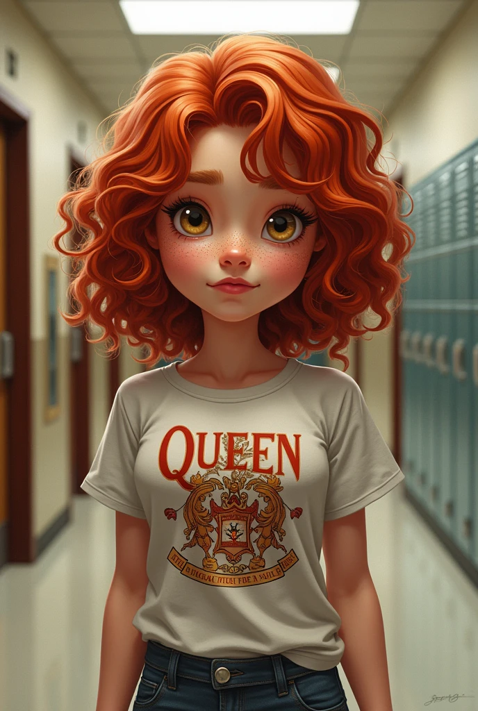 A 2D drawing with more realistic features of a young person with American features from the waist up, in the hallway of an American school filled with lockers. Rebellious curly red hair all over, Above the eyes. Light honey-colored eyes and shorter light lashes, Curvilinear, straight eyebrow. A sweet smile on his face, has prominent cheeks and freckles under his eyes and nose. Small chubby nose, Round face, very white skin. fleshy lips. athletic body. He wears a Queen band t-shirt. Similar to Kit connor.