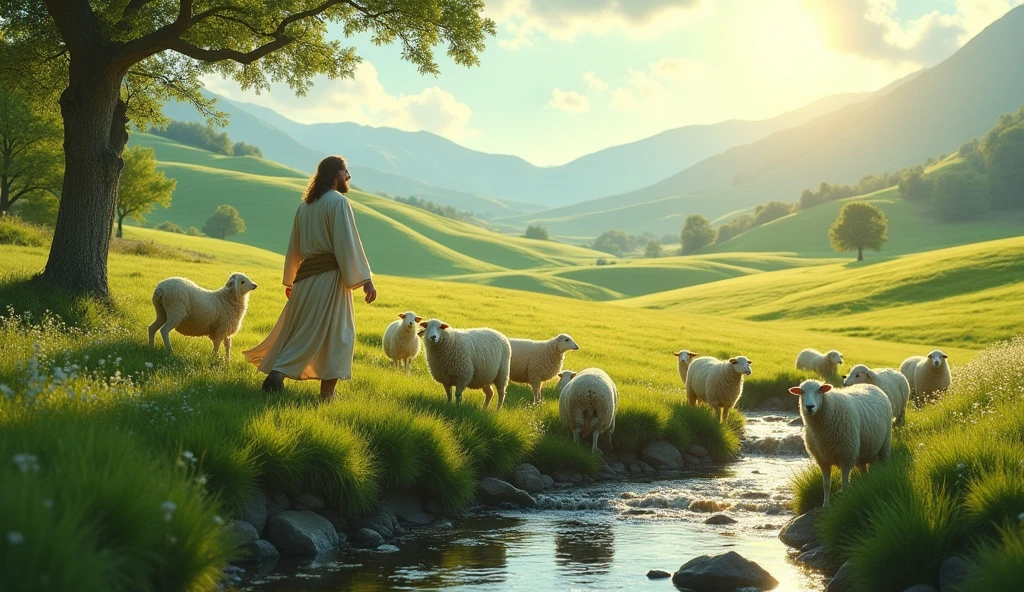 
The camera opens with a smooth pan, revealing a vast expanse of green pastures stretching as far as the eye can see. The morning sun bathes the landscape in a golden light, making the grass shine like emeralds in the soft light. The sound of the wind whispers through the leaves of the trees in the background, while a group of sheep graze peacefully, their white coats contrasting with the vibrant green around them.

Em primeiro plano, a pastor, with a calm and warm expression, walks slowly among the sheep. He kneels down, stroking one of the sheep tenderly, while an expression of peace and responsibility appears on his face. The sheep seem to follow him confidently, as if they know he is guiding them to a safe place.

The camera cuts to a nearby stream, its crystal clear waters flowing gently over the rocks. The sound of water is calming, almost hypnotic. O pastor, I represent by Jesus, gets up and, with a gentle gesture, invites the sheep to come closer to the stream. They obey without hesitation, drinking fresh water while the shepherd watches, Satisfied, ensuring that everyone has what they need.

The scene is interspersed with close-ups of nature: wildflowers dancing in the breeze, white clouds floating lazily in the blue sky, and the soft light filtering through the leaves of the trees. The background music is soft and melodic., evoking a feeling of tranquility and security.

The scene ends with the shepherd looking at the horizon, where a majestic mountain range rises in the sunlight. He smiles, knowing that, regardless of the challenges that may arise, he is there to guide his sheep with love and care, always leading them to green pastures and still waters.
