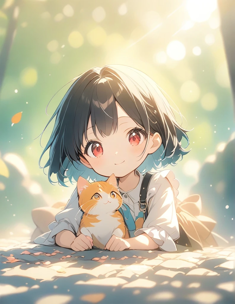 Anime Style, Ultra-fine illustrations, Very detailed, Dynamic Angle, Beautiful details, 8K,One cute girl,black Hair,Thin bob cut, smile,red eyes,fashionable, Trendy clothing,Cobblestones,(Speckled sunlight:1.2),Blurred,(Depth of written boundary:1.1),Tilt your head,(Fluttering petals),wood,Cuddle a kitten,頬をくっつける,upper body