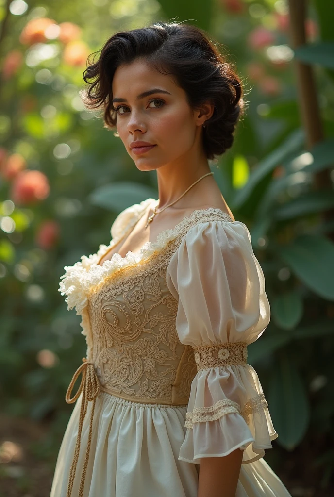 Beautiful latina woman perfect body short brunette hair, dressed in elegant victorian era 19th century American colorful conservative formal studio lighting, beautiful outdoor paradise background