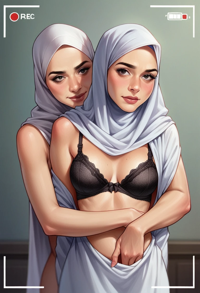 two hijab lesbian girl,lace bra,hugging from behind fingering,realistic,hd details,camera view