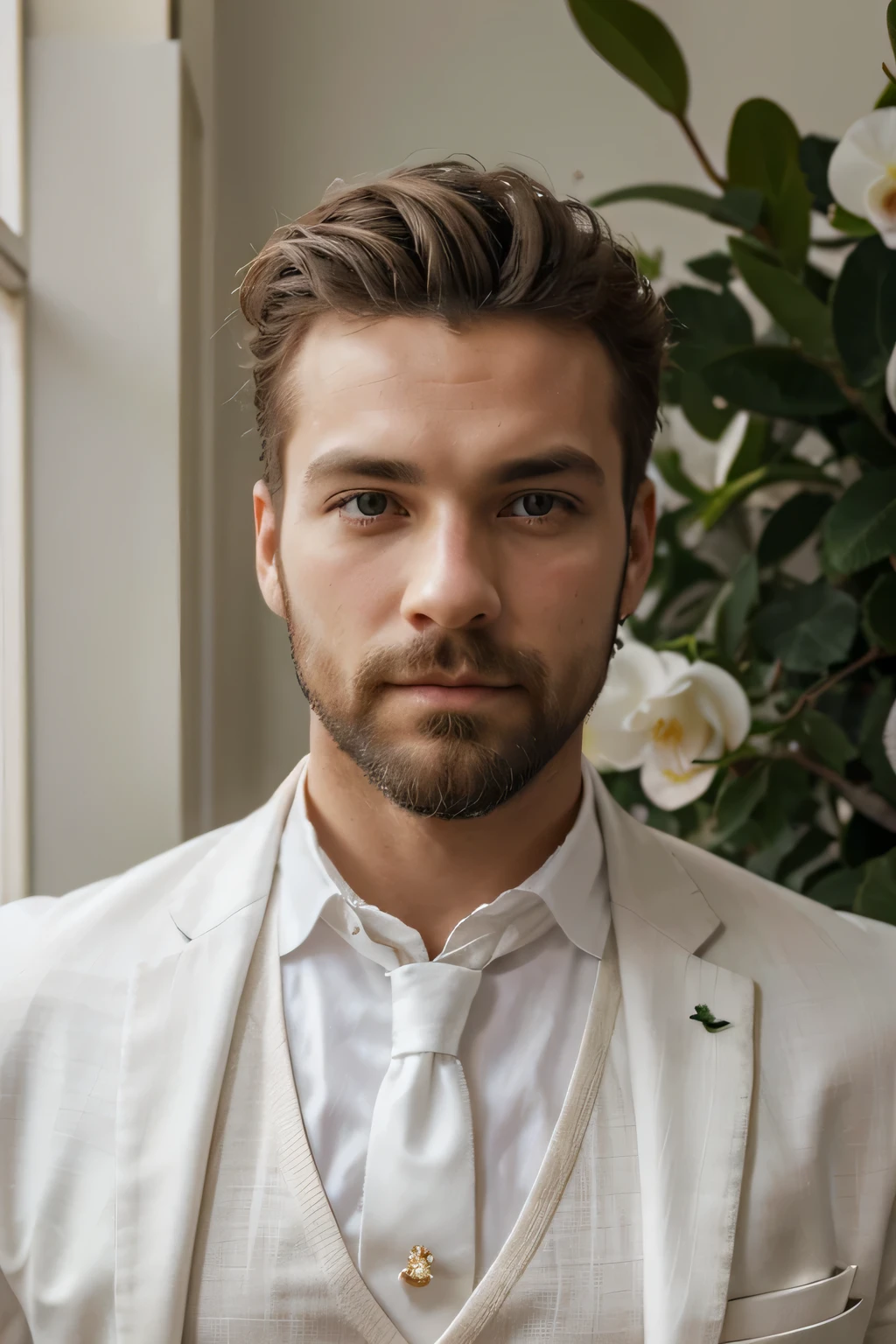 Portrait d’un jeune homme blanc barbu les cheveux roses avec les yeux vert. en costume blanc de marié et cravate dorée et orchidée a la boutonnière