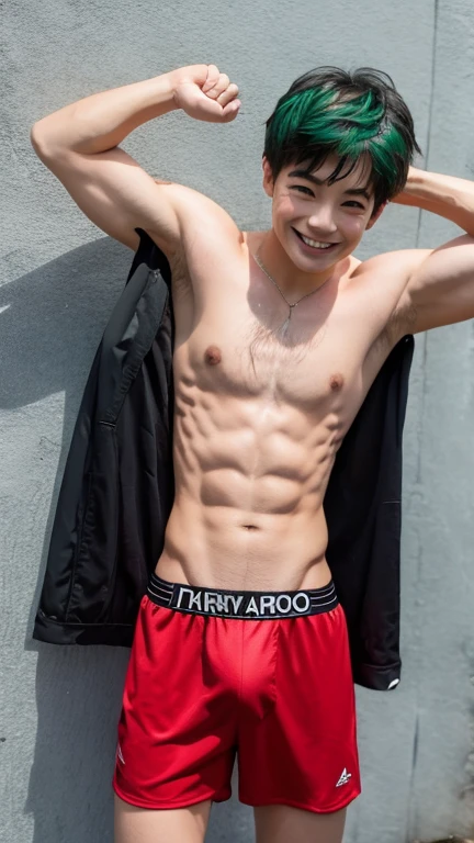 Japanese men、15 years old、Well-developed muscles and smooth skin、Fluffy, voluminous green hair、Boxer briefs、You can see the whole body from head to toe、Smiling softly、Hero Academy