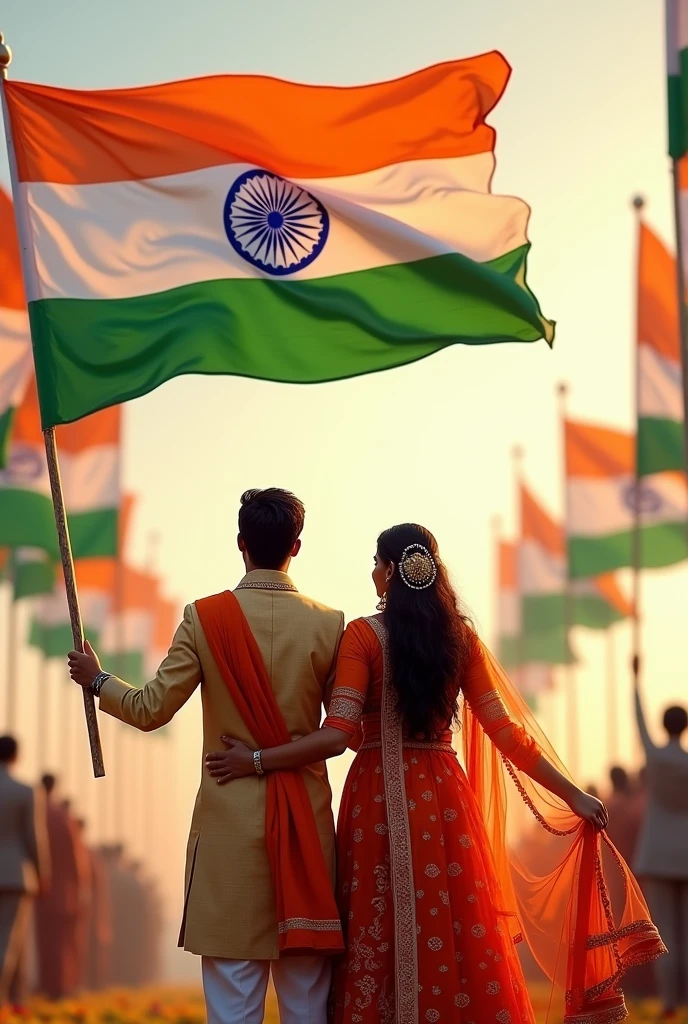 Two couples, dressed in traditional Indian attire, stand proudly holding the Indian flag. The background features a vibrant display of various Indian flags waving in the breeze.