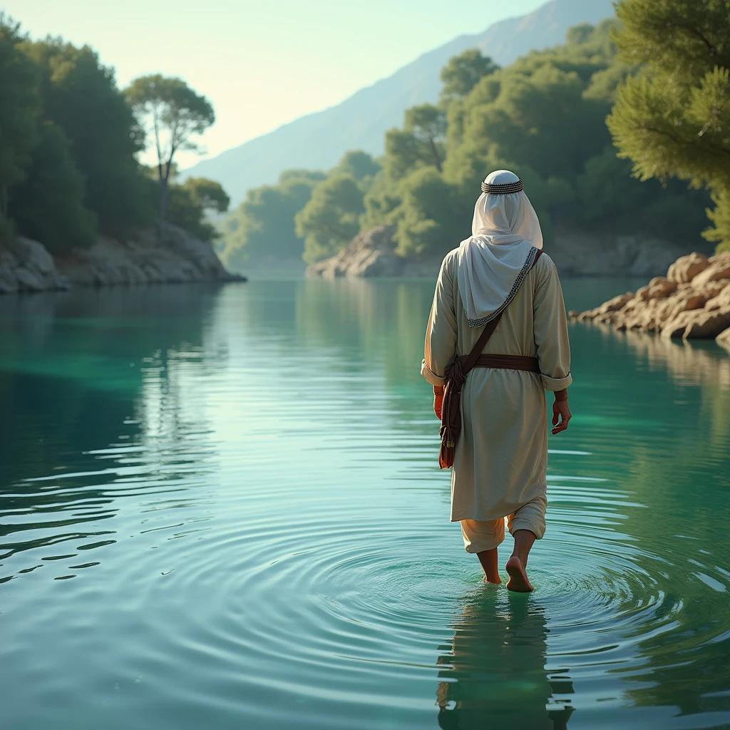 A very beautiful lake with a man dressed in Israeli clothes entering with his back to the water, but the water reaches only his knees.