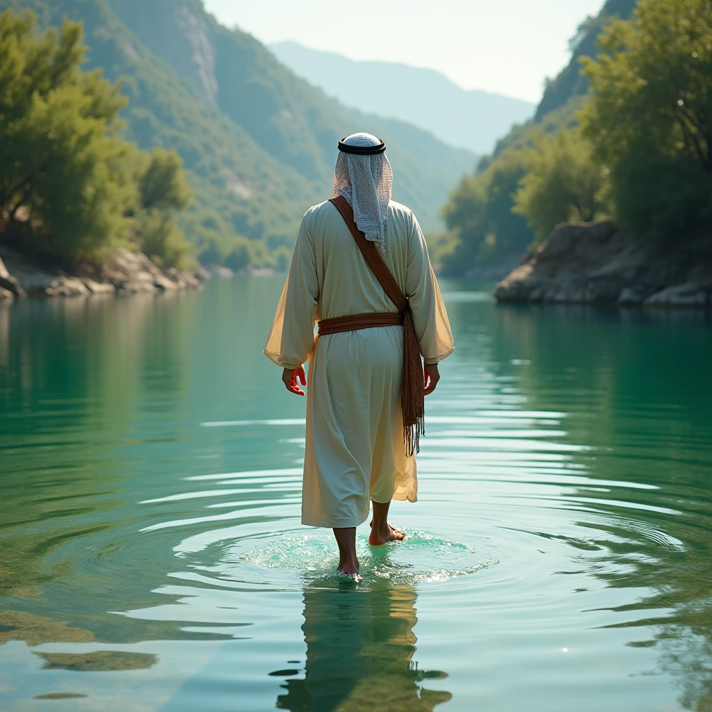 A very beautiful lake with a man dressed in Israeli clothes entering with his back to the water, but the water reaches only his knees.