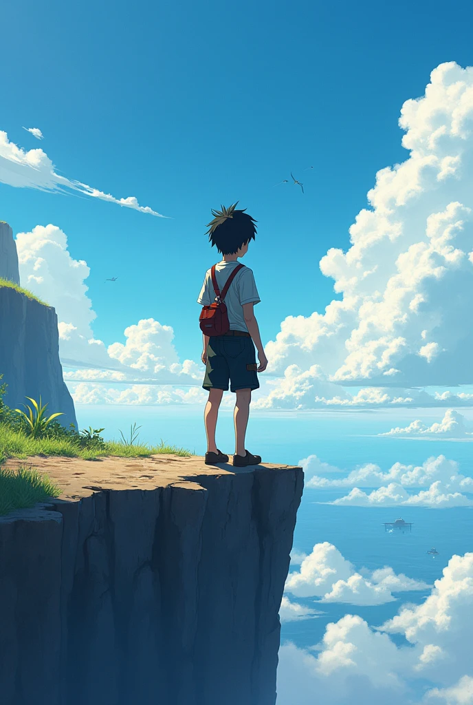 The back of a lonely and brave boy standing on a cliff higher than the sky、anime