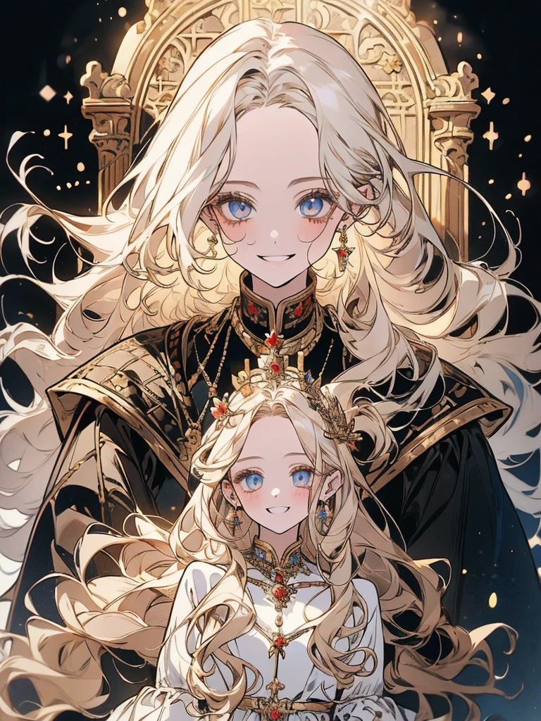 ((Highest quality)), ((masterpiece)), (detailed), Detailed face、Fine grain、8k、White hair that glows pale in seven colors、Long Wavy Hair、Curly long hair、The forehead is protruding、Lazuli eyes、beautiful girl、human、One person、flower、Smiling curly hair, Medieval dress, Medieval dress、whole body、One person、flower冠