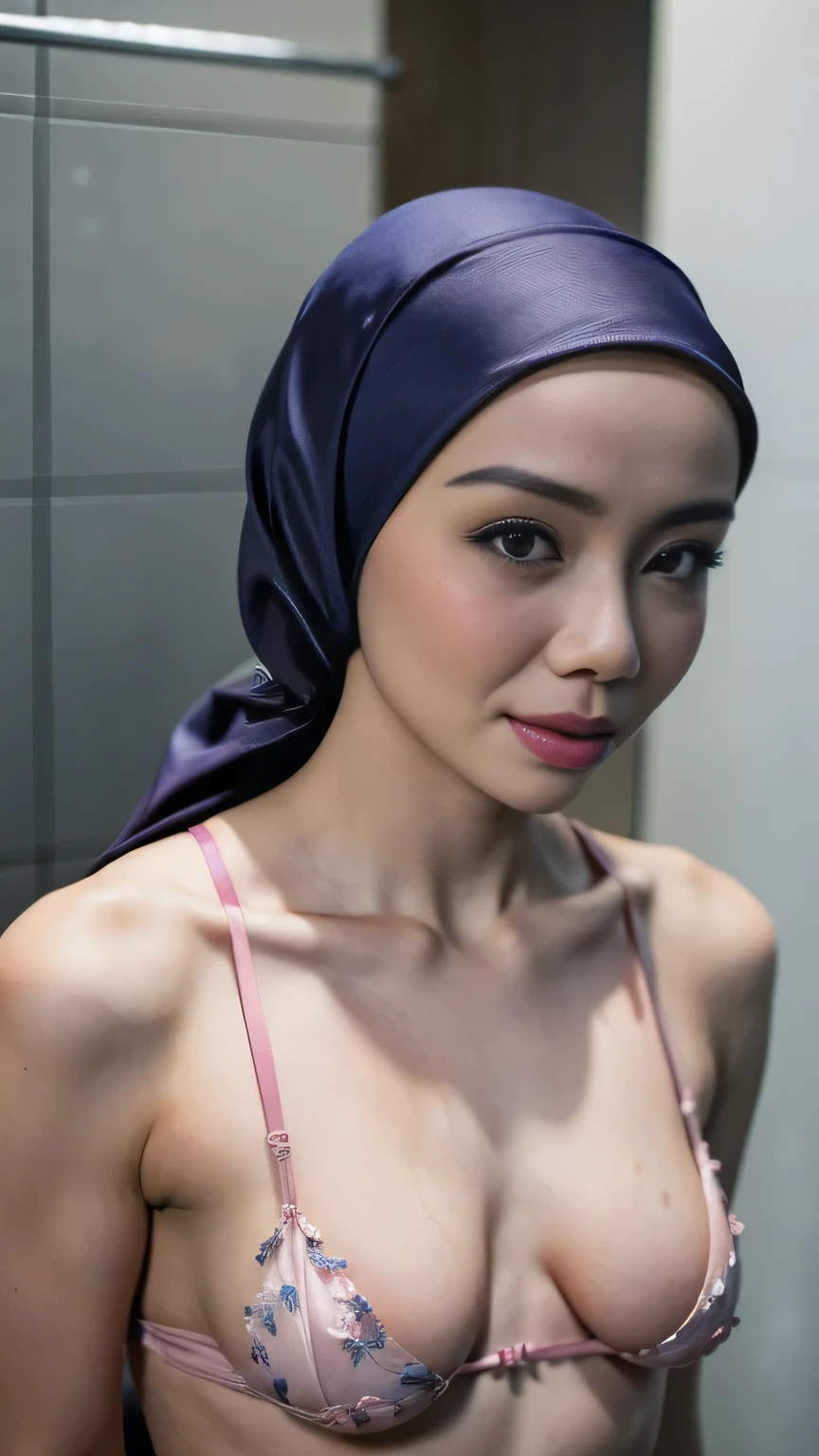 ((Big ??????:1.2)), see-through T-shirt, Bodybuilder ?????, (((HIJAB MALAY GIRL))), masutepiece, High quality, UHD 32K, Realistic face, Realistic skin feeling , A malay Lady, 18 years old, , Very cute and baby-like face, (MATRIX WORLD), ((look In front  at the camera and SADNESS)), ((())), (((CUTE GIRL))), ((BLUE LIPS)), ((Wearing floral pink Satin bra and panties)) little Bodybuilder, (((small face & head))), taking shower