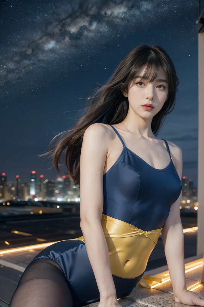 (((best quality))),(((ultra detailed))),(((masterpiece))),illustration,((1girl,Hitomi Kisugi,solo)),((slim,thin)),((small breasts,flat chest)),(long straight hair:1.2),(bangs:1.3),(klein blue full-body leotard:1.5),(yellow ribbon around waist:1.3),(On the roof of skyscraper:1.3),(city view:1.2),(night scene:1.3),elegant,confident,athletic,curves,(slender legs:1.2),waist,concrete,glass,buildings,starry sky,natural beauty,captivating,thought-provoking,((from front,upper body))
