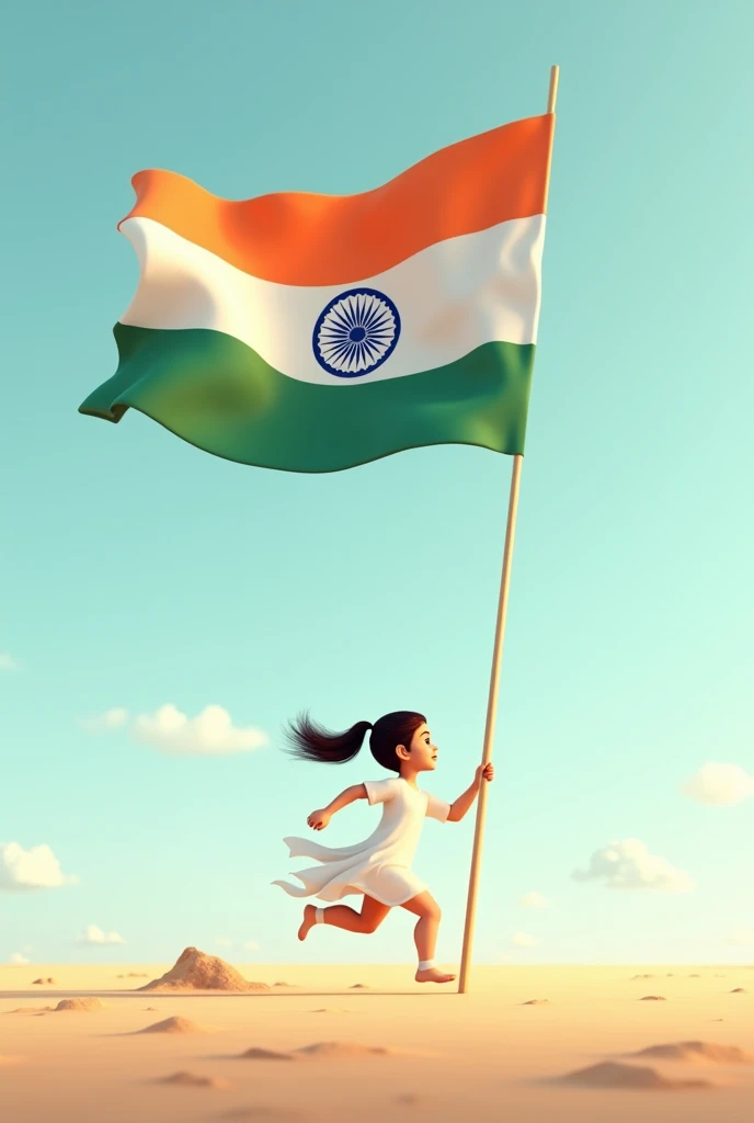 3D illustration of a girl running on plane surface with a big indian flag, Character must wear white clothes. The background of the image is a plane sky.
